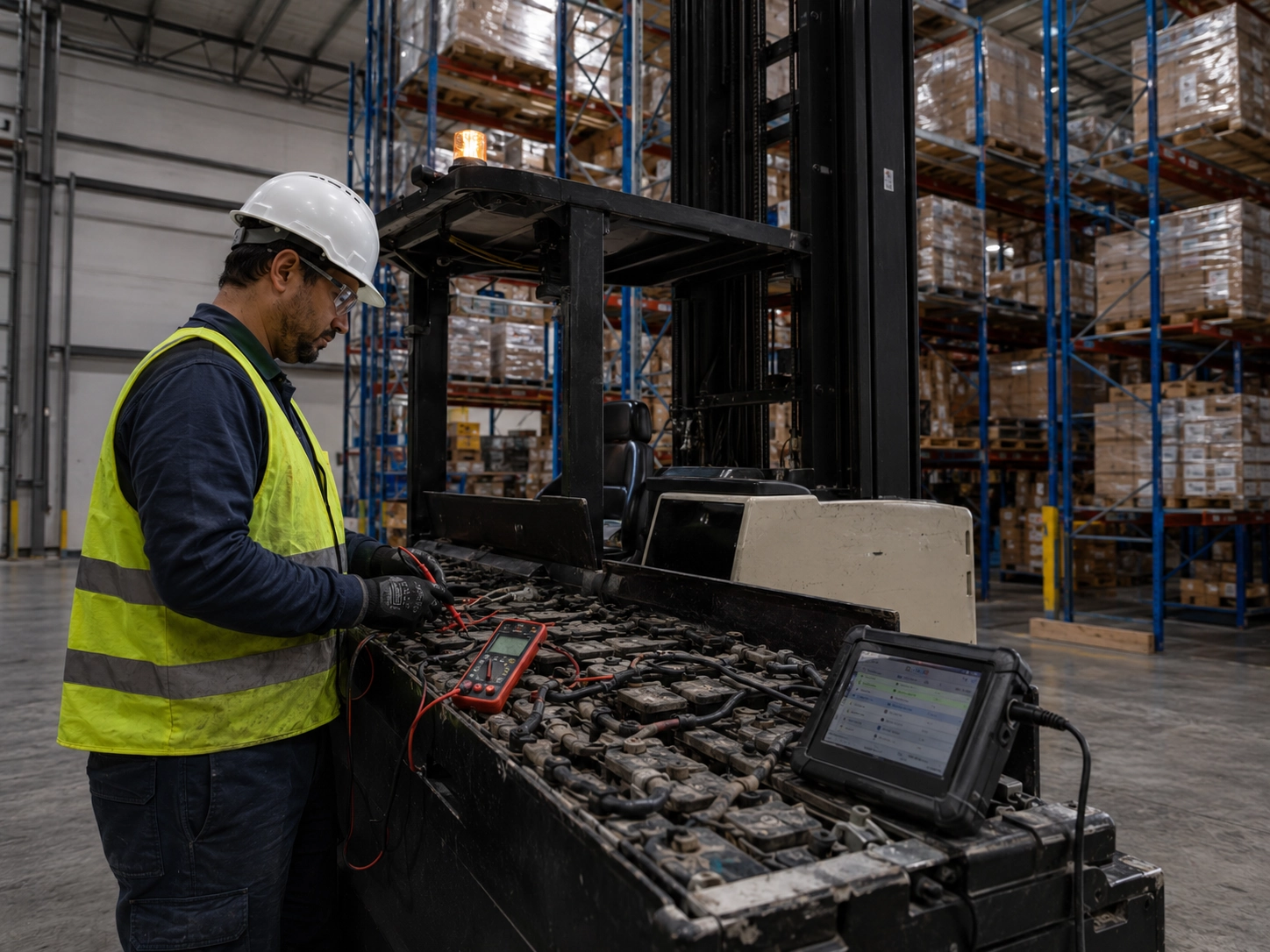 Testing loaded voltage and BMS protection threshold on an aging reach truck battery during mast lift Testing loaded voltage and BMS protection threshold on an aging reach truck battery during mast lift